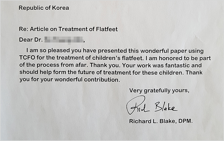 블레이크식 발 보조기 기술을 개발한 미국 족부의학박사 리처드 블레이크가 TCFO 논문을 읽고 보낸 감사 편지